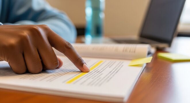 Person studying with highlighted text on notebook, focused hand pointing at highlighted sentences and close-up of study materials on wooden desk, concept studying techniques for effective learning.