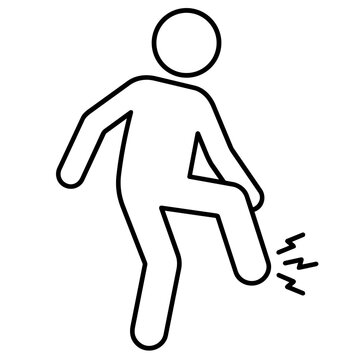 Minimalist line art stick figure icon suffering from leg pain, foot injury, or muscle cramp. Vector illustration.