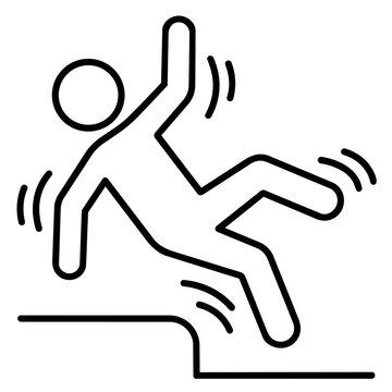 Line art stick figure falling from a step icon. Vector illustration of accident and safety hazard.