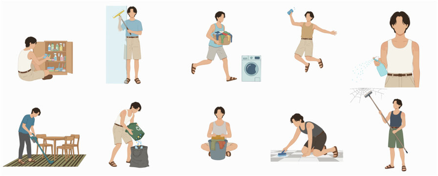 Diverse Domestic Chore Collection Featuring a Young Man Performing Various Household Cleaning Tasks