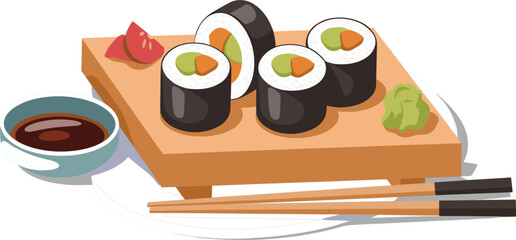 Professional vector illustration of fresh sushi maki rolls on a wooden board with soy sauce and chopsticks © Afsana
