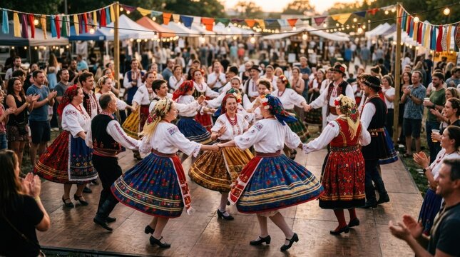 People in traditional Polish folk costumes dancing at a festival.