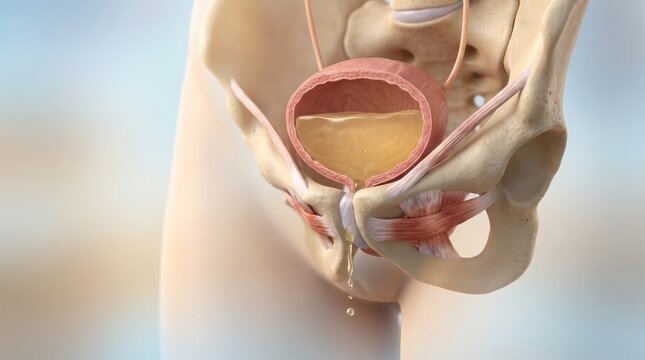 Excretory system disorder: urinary discharge, incontinence problem, bladder dysfunction, pelvic floor, muscle relax, control loss, urology concern, health issue, liquid escape, leakage episode.