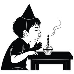  Little boy silhouette blowing out a candle on a birthday cupcake © HaMdRakibulIslam