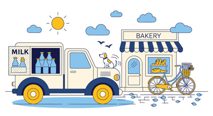 Fototapeta premium Vintage milk truck, bakery delivery, colorful illustration, cartoon vehicle