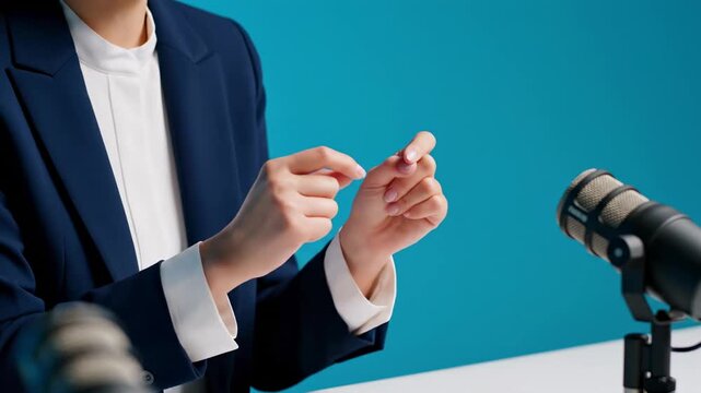 This shows a businesswoman speaking at a press conference, gesturing confidently as she addresses the media. The scene is set against a simple blue background with a microphone on a table in front of