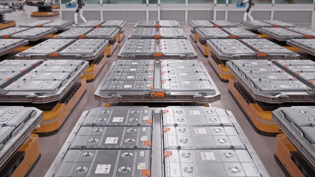 Rows of Lithium-Ion Battery Modules loaded on AGVs inside Fully Automated Modern Car Factory. AI-powered Humanoid Robots and Automated Guided Vehicles moving in Background. 3d Animation Render