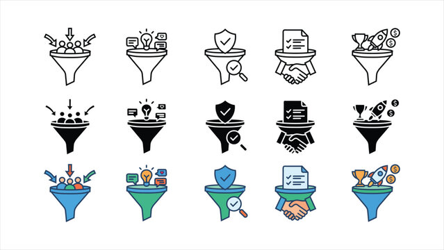 Sales funnel conversion flow icon set with marketing strategy customer journey and business growth symbols in outline solid black and colorful design styles isolated on white background