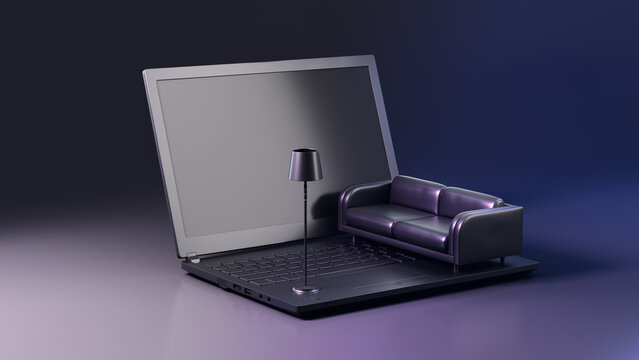 3D render of a laptop turned into a tiny living room scene a mini leather sofa and floor lamp resting on the keyboard under moody purple-blue studio lighting.