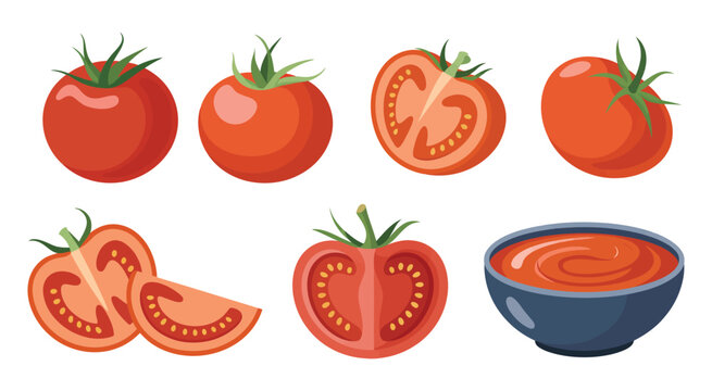 Tomatoes ripe fresh illustration, juicy slices and homemade tomato sauce in bowl, bright natural colors, healthy food concept, cooking ingredient visual, modern culinary artwork.