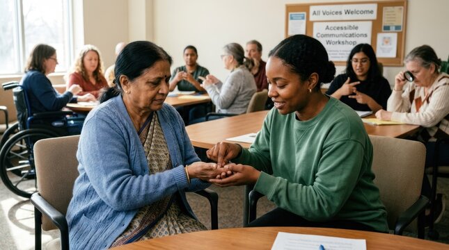 Two women in a classroom setting, one holding a book, the other interacting with the book.