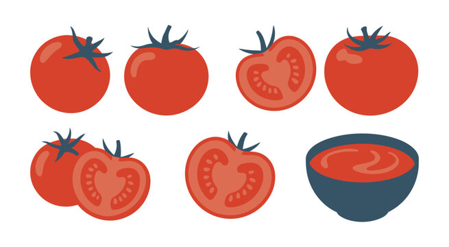 Tomatoes ripe fresh illustration, juicy slices and homemade tomato sauce in bowl, bright natural colors, healthy food concept, cooking ingredient visual, modern culinary artwork.
