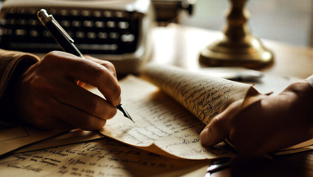 Closeup of a person writing with a fountain pen on vintage paper beside an old typewriter