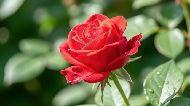 Red rose blooms in sunlight, showcasing vibrant petals and glistening droplets against a lush green background of leaves and foliage