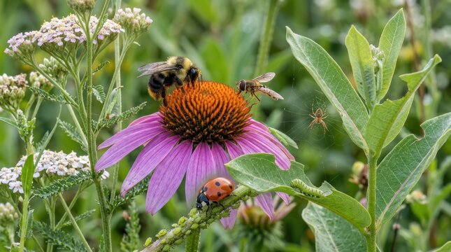 Two bees and a ladybug on a purple coneflower with green leaves and white flowers in the background.