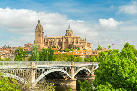 Cathedral of Salamanca, Green Trees and Enrique Estevan Bridge on Tormes River on Sunny Day. Blue Sky with Clouds. Old Town, Spain