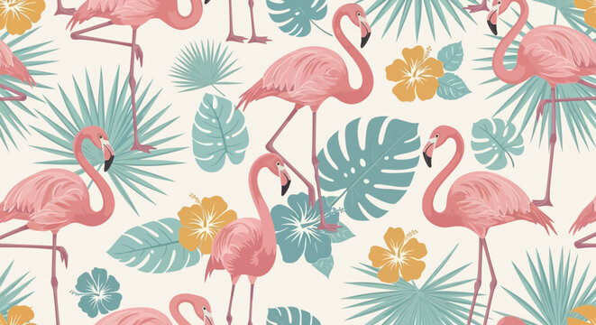 Vibrant pink flamingos and tropical leaves seamless pattern