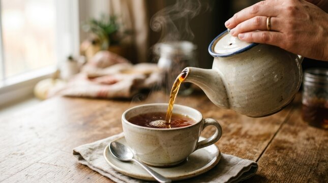 A person pouring tea into a cup on a wooden table with a cozy, rustic background.
