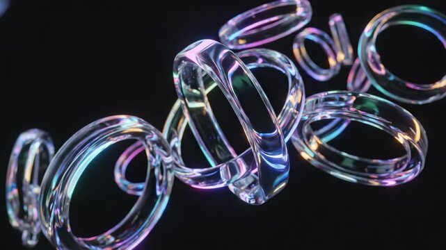 Glass rings reflecting neon colors on black background, luxury optical abstraction, vivid chromatic highlights, elegant minimal design, sharp luminous detail, no logos