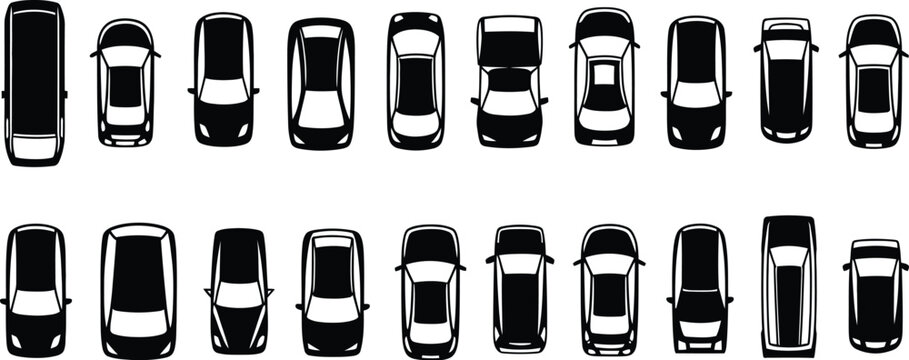Top view icons of various passenger and pickup trucks vehicles illustration vector set on transparent background, for transport mapping, logistics, parking layout and automotive design elements.