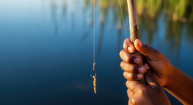 Fishing rod held over calm water with tranquil reflections and gentle ripples, fishing line dangling with bait ready for catch.