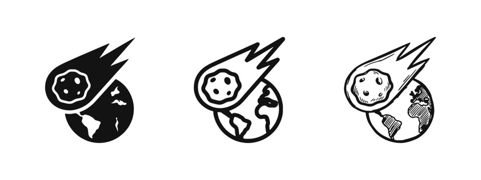 Meteor Asteroid Hitting Earth Icon Set - Natural Disaster and Space Impact Symbols