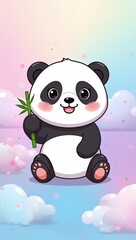 Naklejka premium Smiling panda cartoon with bamboo in hands cute playful character illustration colorful soft background kids design concept