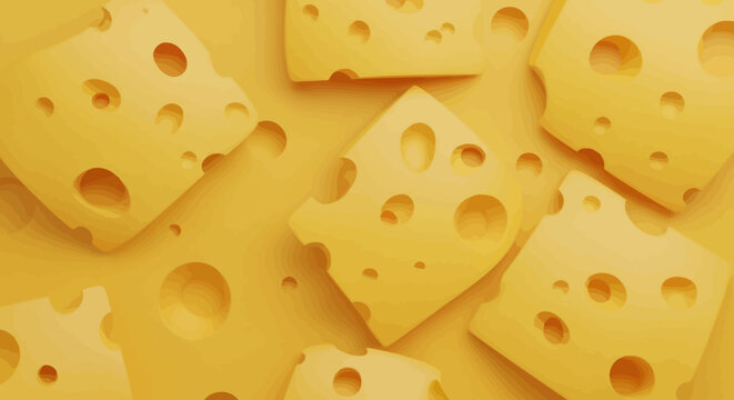 Swiss cheese slices with holes on yellow background