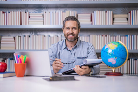 hispanic teacher share his knowledge and education. Teacher leading lesson in classroom. teachers classroom at school. back to school. The teacher at the classroom workplace. Educational resources