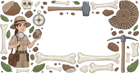 Dinosaur Fossil Excavation and Paleontologist Illustration with Bones, Fossils, Tools, and Exploration Equipment for Educational and Adventure Themes © MdGohurul