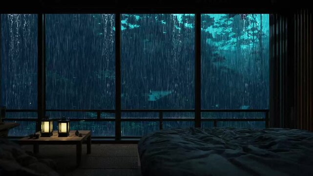 bedroom in the rain at night 