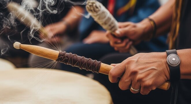 Traditional drum circle with hands playing rhythmic beats using ceremonial sticks and smudging smoke. Drum circle includes vibrant connection, cultural expression, and deep community engagement.
