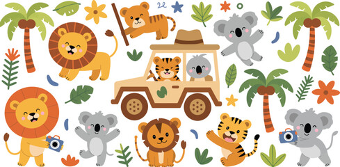 Safari animals adventure vector set, featuring cute lion, tiger, and safari jeep with jungle elements, playful cartoon illustration for children’s travel, wildlife, and exploration themes. © Dalim 2