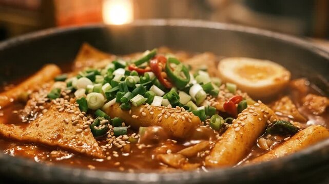 Korean tteokbokki rice cakes in dark bowl with sesame and scallions, spicy comfort food concept, rich red sauce and appetizing texture, warm lighting, no logos