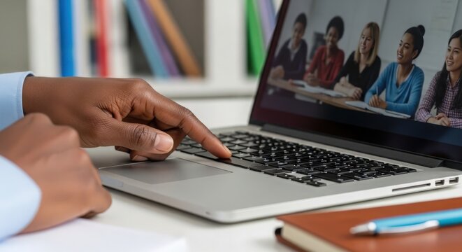 Engaging online class with diverse students displayed on laptop screen and an individual interacting with keyboard.