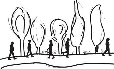 Fototapeta premium vector,Drawing made with a marker of people walking through a park
