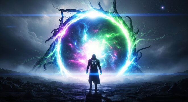 A lone figure stands before a massive, swirling portal of vibrant energy. The figure, clad in dark attire, appears to be a mage or sorcerer, initiating 