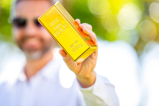 Gold bar. Banking saving. Investment in precious metal. Financial success. Golden bullion. Money management and financial plan. Gold value price on world market. Gold bullion. Investment and wealth