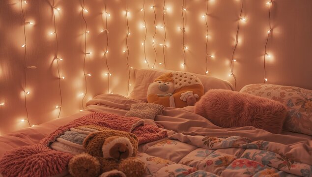 Cozy bedroom interior with warm fairy lights soft pillows plush toys and aesthetic bedding creating relaxing ambiance comfort lifestyle home decor concept