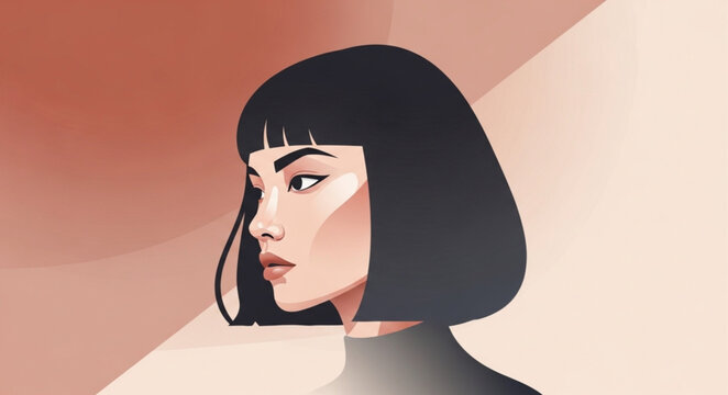 Stylized Portrait of a Young Asian Woman with Bob Haircut.