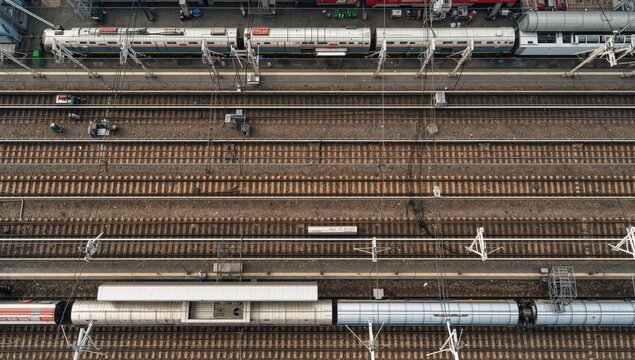 High angle aerial shot of train yard with parallel railway tracks and moving trains industrial transport system logistics network modern city infrastructure