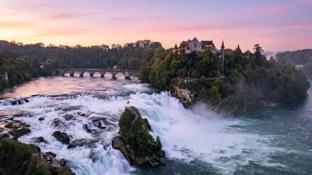 Majestic Rhine Falls at Sunset with Historic Laufen Castle, Switzerland