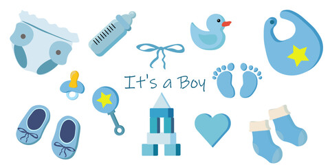 Baby boy elements set it’s a boy newborn shower blue vector illustration. Ideal for baby shower invitations, greeting cards, nursery decor and kids design. © MJD_Studio
