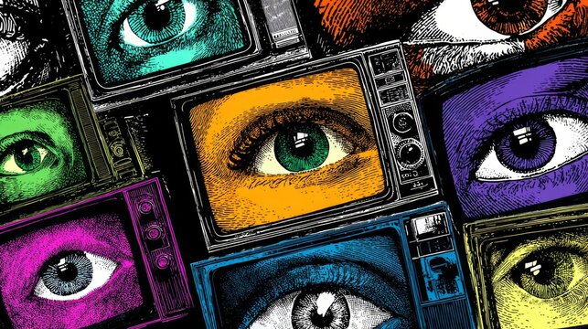 Vibrant pop art illustration showing multiple human eyes framed inside retro television screens in bold neon colors, creating a surreal collage background with copy space