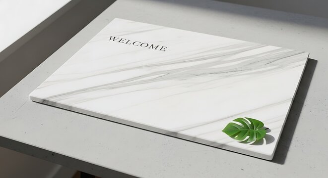 welcome notepad with pen and leaf on white desk minimalist office setup