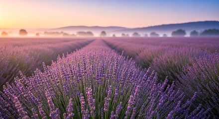 Obraz premium serene lavender field at sunrise with misty hills