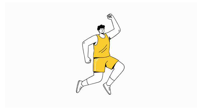 A line art illustration depicts a man in a yellow outfit jumping with a raised fist while floating in the center of a white background.