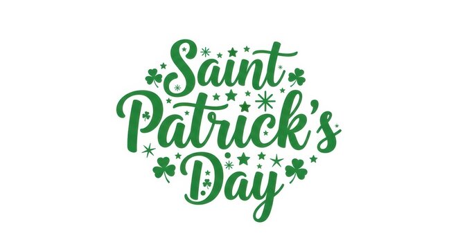 Saint patrick day green text sign with decorative clover leaf icons and stars for holiday celebration design