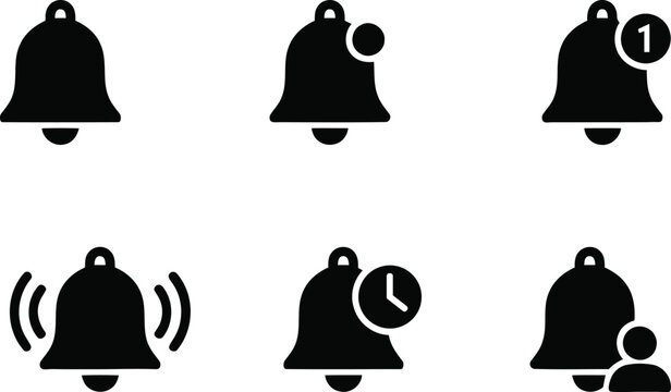 Notification bell icons: standard new alert ringing timer group with reminder