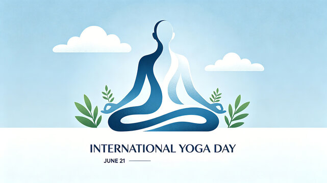 Gradient meditation silhouette with natural elements, representing the International Yoga Day's ethos of balance, harmony, and physical and mental purification.
